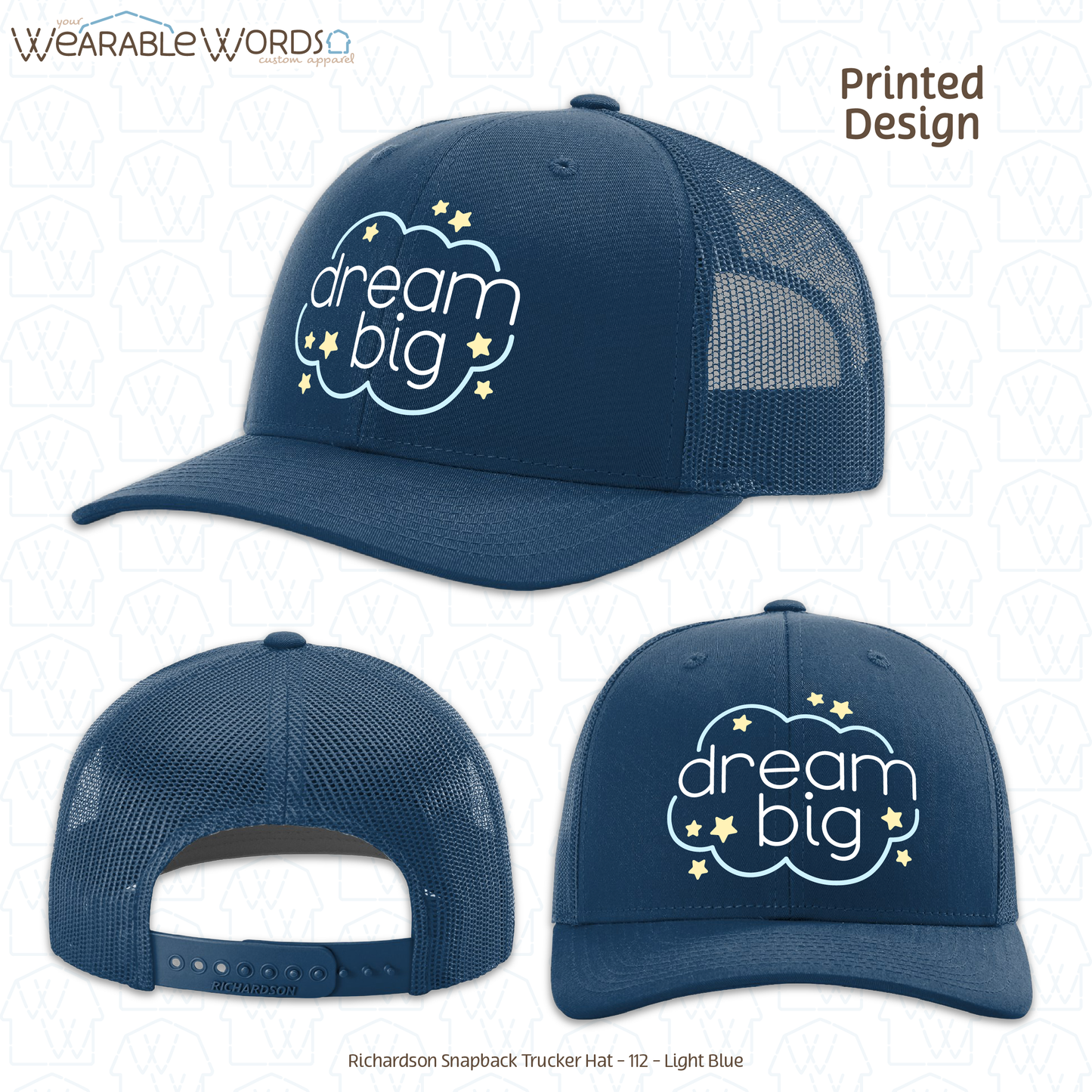 Dream Big Graphic Hat | Sleepy Pastel Cloud & Stars Print | Unisex Mesh Snapback