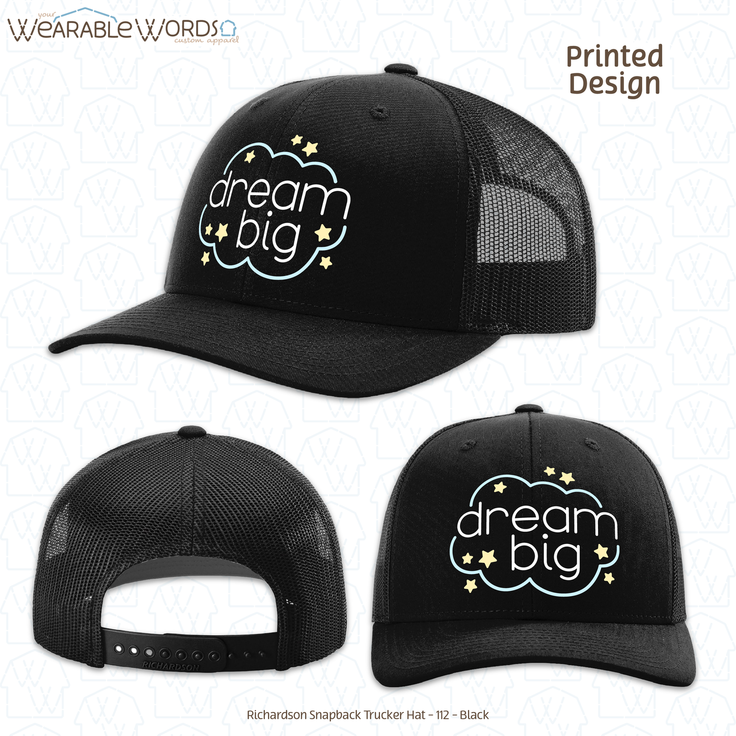 Dream Big Graphic Hat | Sleepy Pastel Cloud & Stars Print | Unisex Mesh Snapback