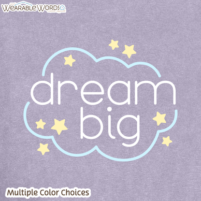 Dream Big Boxy T-Shirt | Pastel Cloud & Stars Print | Purple, Pink, Orange, or Grey Women's Graphic Tee