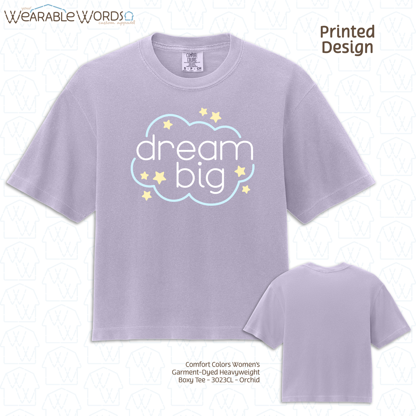Dream Big Boxy T-Shirt | Pastel Cloud & Stars Print | Purple, Pink, Orange, or Grey Women's Graphic Tee