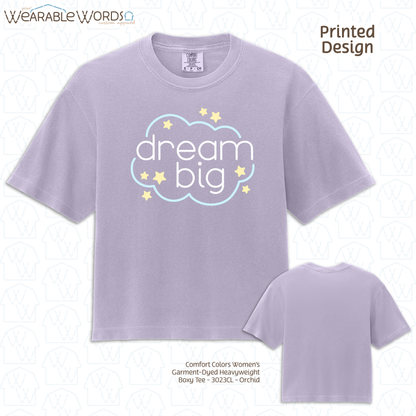 Dream Big Boxy T-Shirt | Pastel Cloud & Stars Print | Purple, Pink, Orange, or Grey Women's Graphic Tee