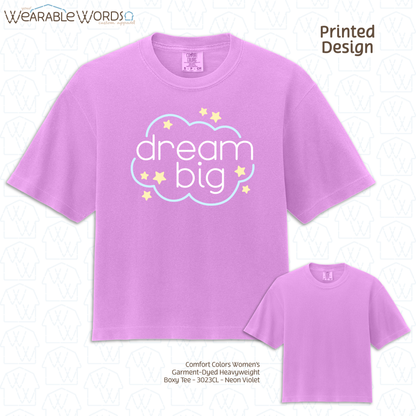 Dream Big Boxy T-Shirt | Pastel Cloud & Stars Print | Purple, Pink, Orange, or Grey Women's Graphic Tee