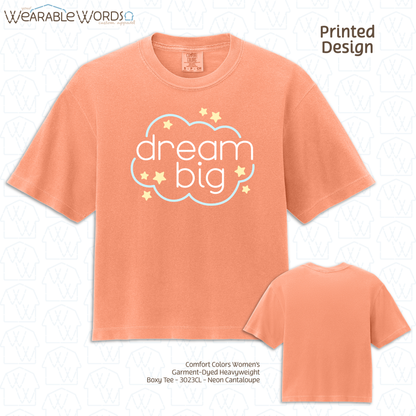 Dream Big Boxy T-Shirt | Pastel Cloud & Stars Print | Purple, Pink, Orange, or Grey Women's Graphic Tee