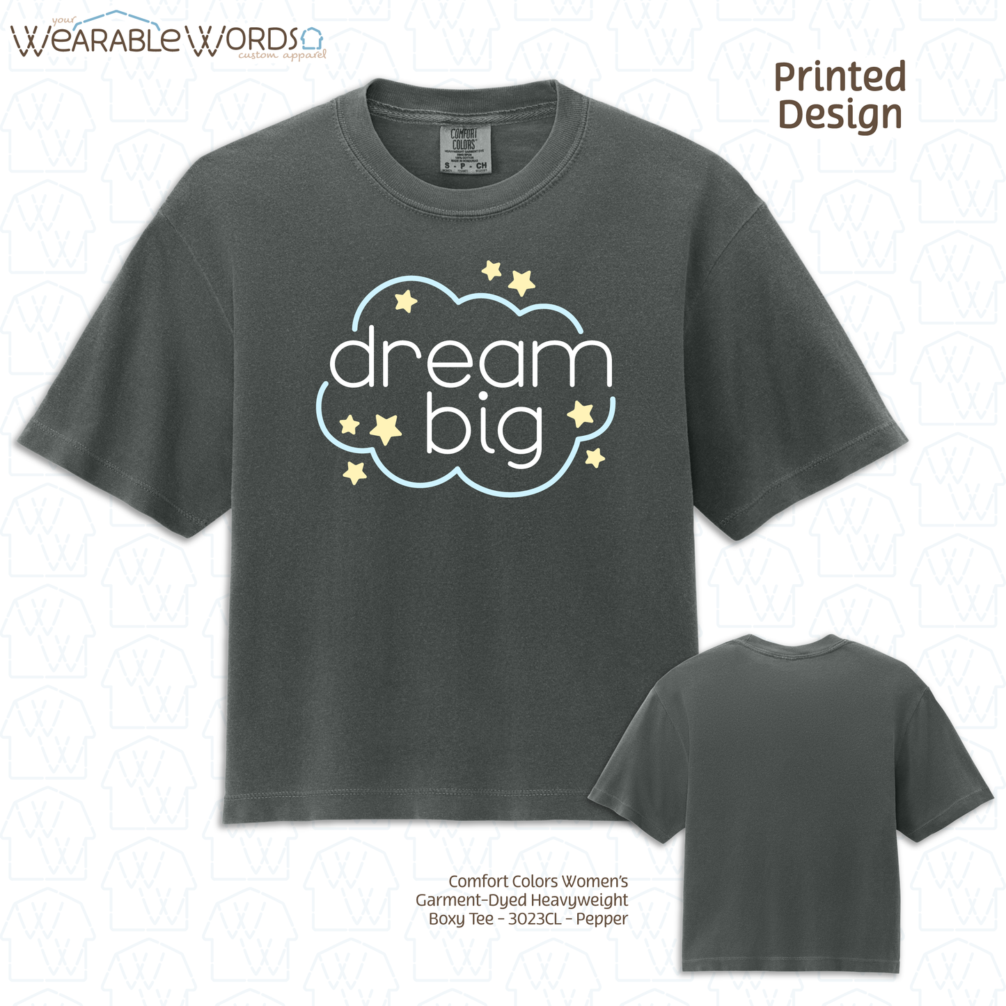 Dream Big Boxy T-Shirt | Pastel Cloud & Stars Print | Purple, Pink, Orange, or Grey Women's Graphic Tee