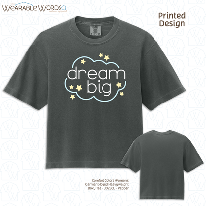 Dream Big Boxy T-Shirt | Pastel Cloud & Stars Print | Purple, Pink, Orange, or Grey Women's Graphic Tee