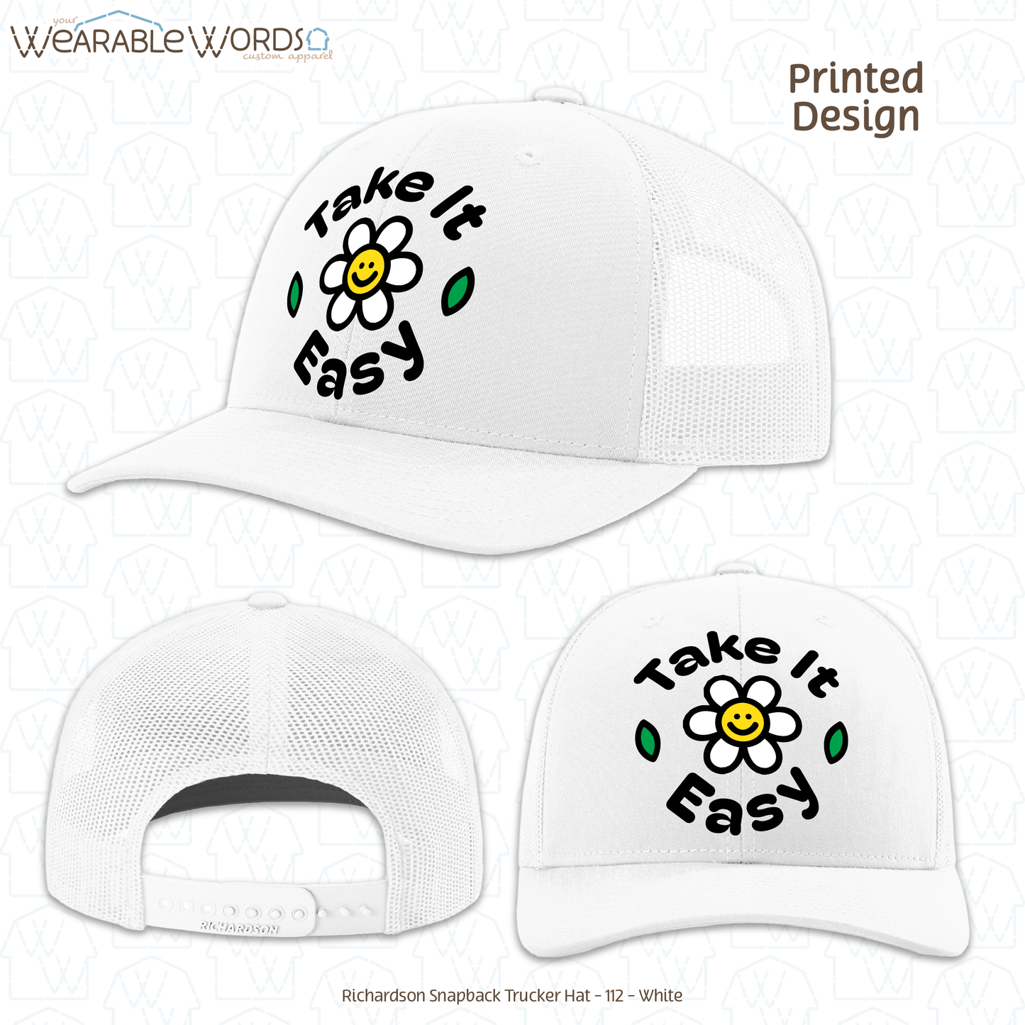 Take It Easy Graphic Hat | Fun Simple Blocky Daisy Print | Unisex Mesh Snapback