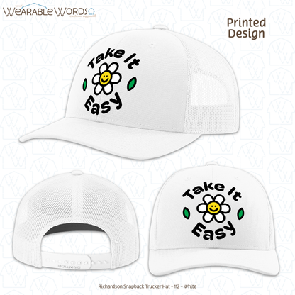 Take It Easy Graphic Hat | Fun Simple Blocky Daisy Print | Unisex Mesh Snapback
