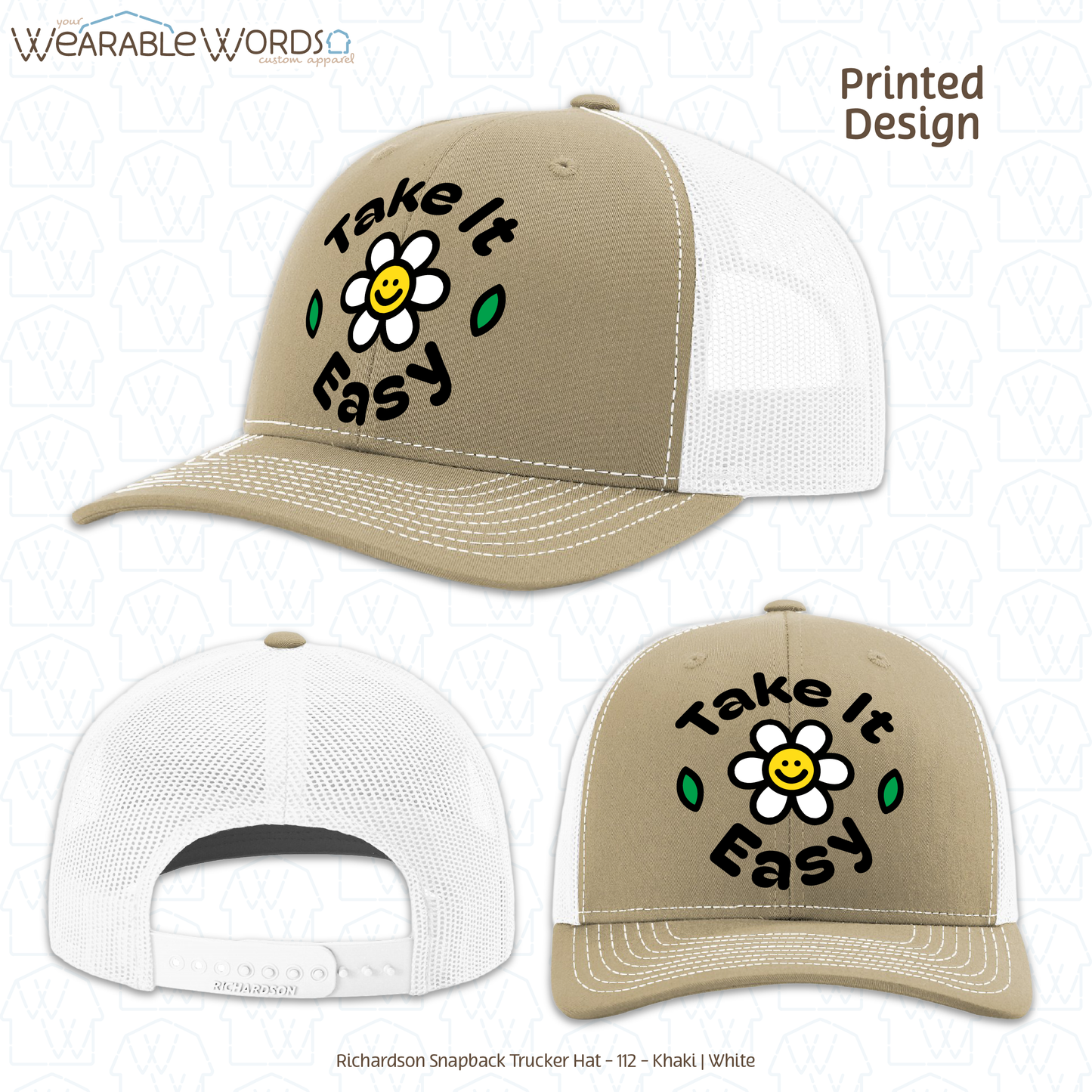 Take It Easy Graphic Hat | Fun Simple Blocky Daisy Print | Unisex Mesh Snapback