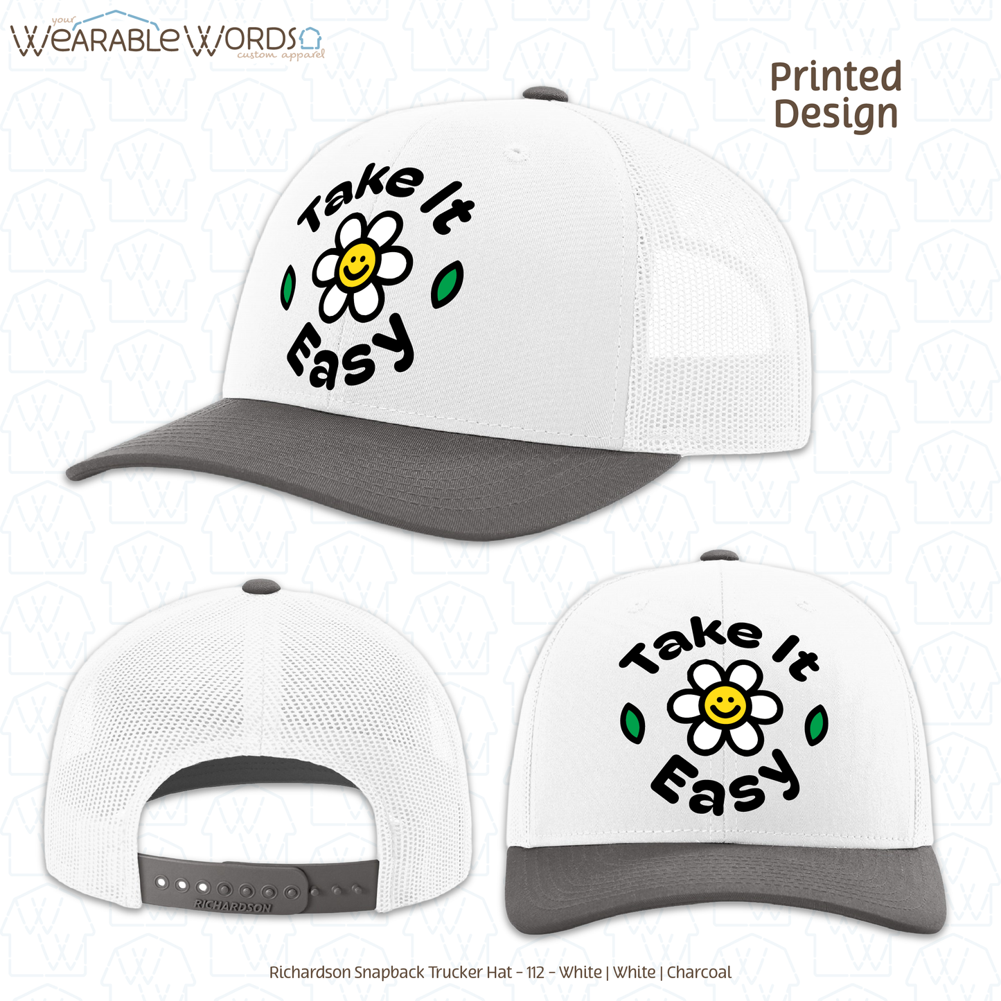 Take It Easy Graphic Hat | Fun Simple Blocky Daisy Print | Unisex Mesh Snapback