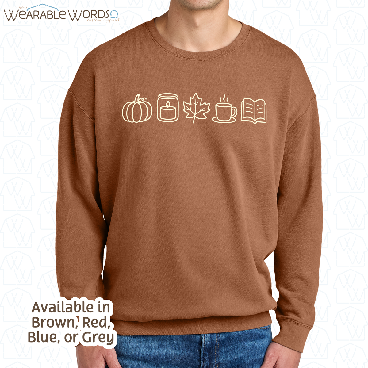 Cute Fall Things Graphic Crewneck | Pumpkin Candle Leaf Coffee Tea Book Autumn Print | Unisex Sweatshirt