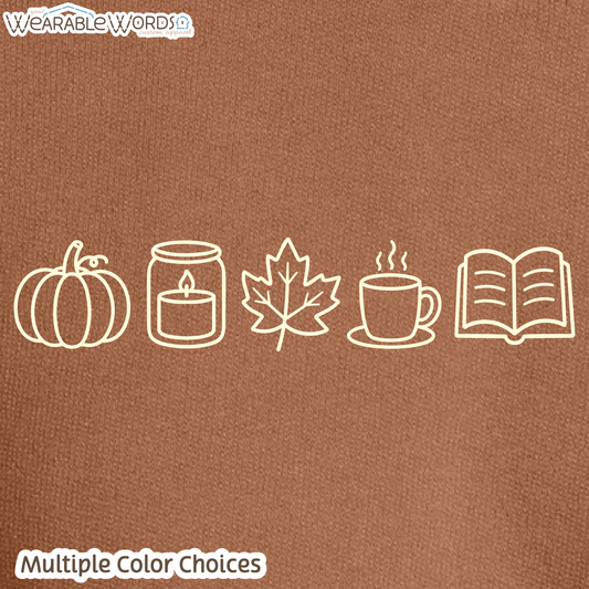 Cute Fall Things Graphic Crewneck | Pumpkin Candle Leaf Coffee Tea Book Autumn Print | Unisex Sweatshirt