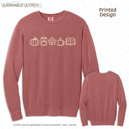 Cute Fall Things Graphic Crewneck | Pumpkin Candle Leaf Coffee Tea Book Autumn Print | Unisex Sweatshirt