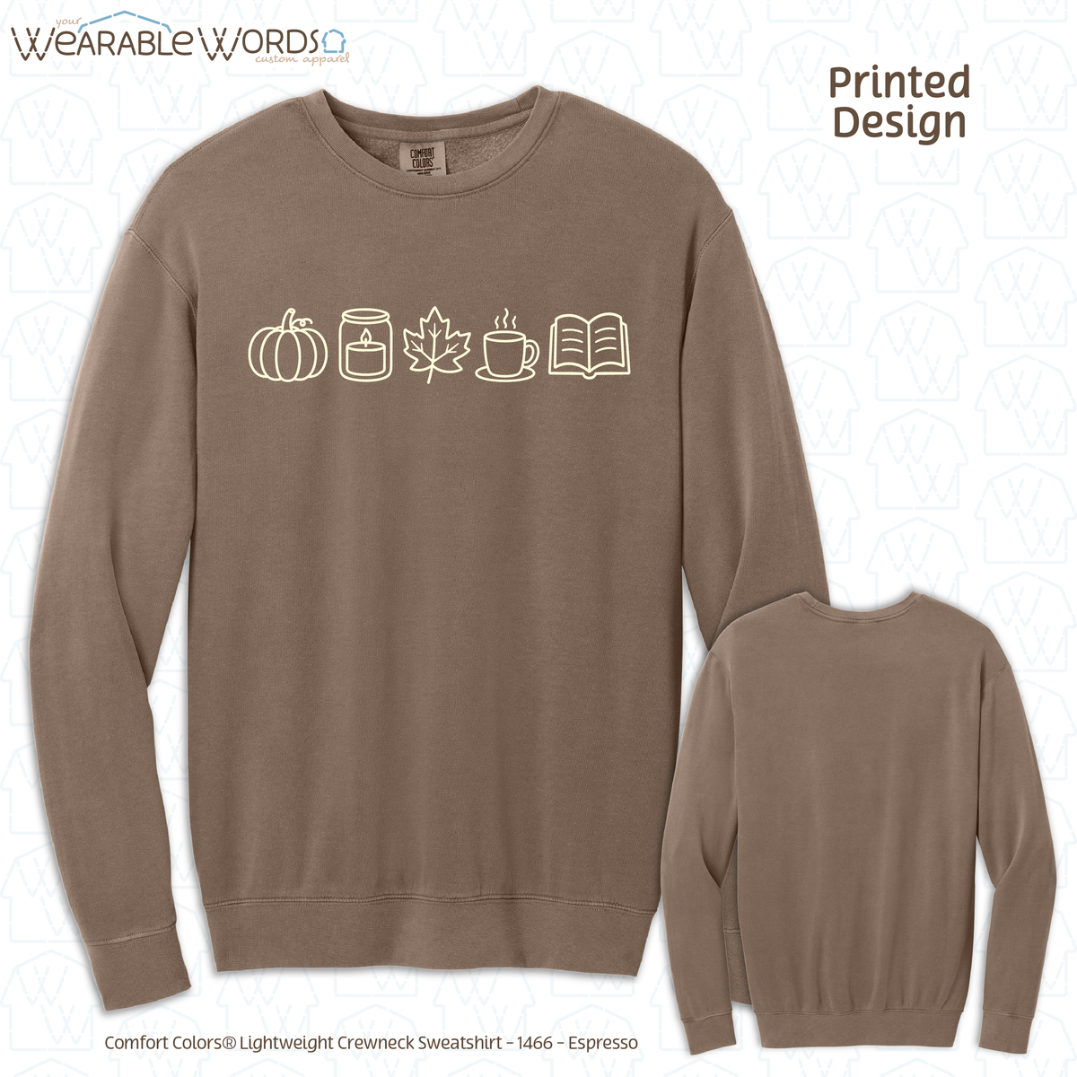 Cute Fall Things Graphic Crewneck | Pumpkin Candle Leaf Coffee Tea Book Autumn Print | Unisex Sweatshirt