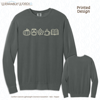 Cute Fall Things Graphic Crewneck | Pumpkin Candle Leaf Coffee Tea Book Autumn Print | Unisex Sweatshirt