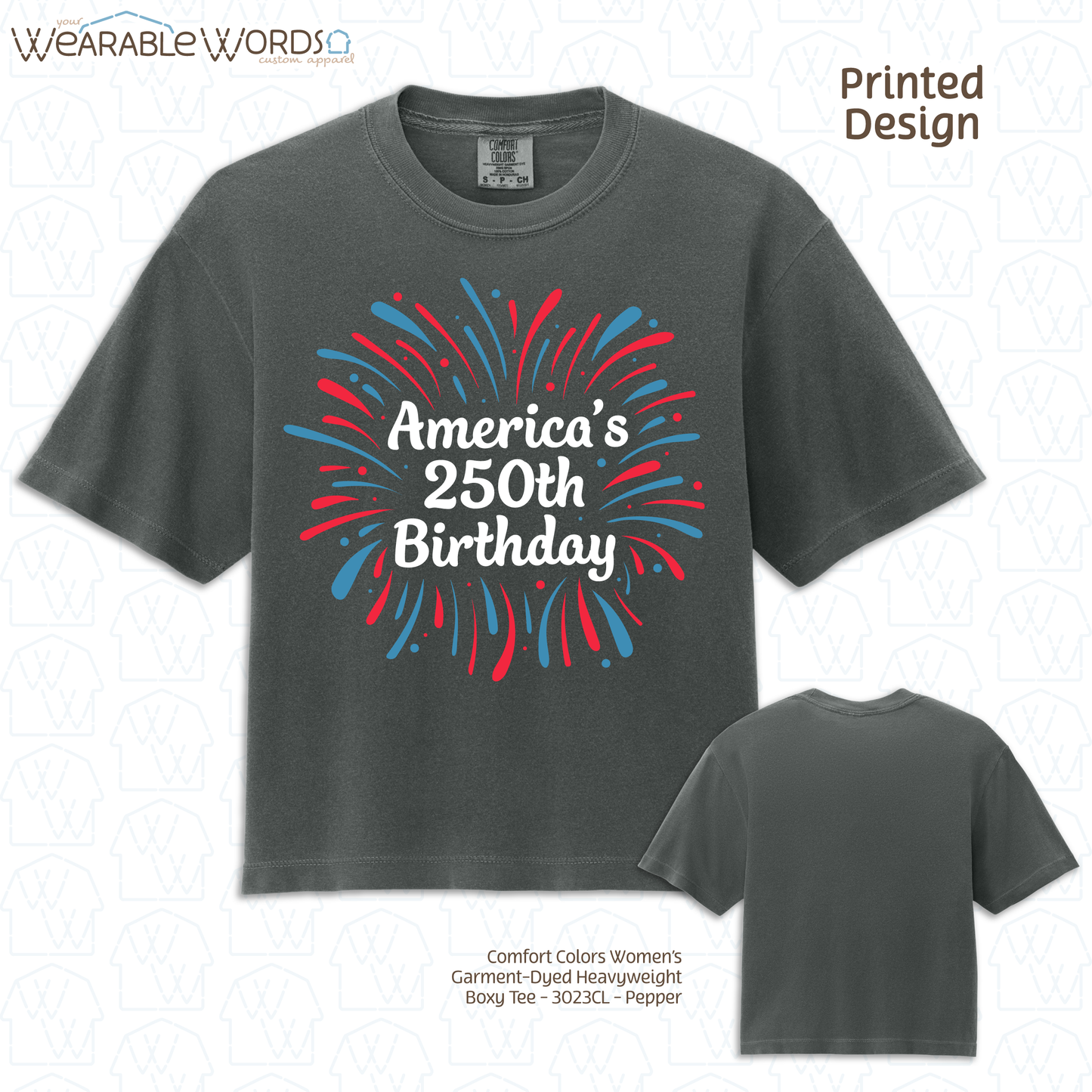 America's 250th Birthday Firework Graphic Tee | Red White & Blue Print | Women's Boxy T-Shirt