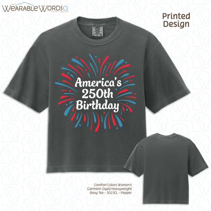 America's 250th Birthday Firework Graphic Tee | Red White & Blue Print | Women's Boxy T-Shirt