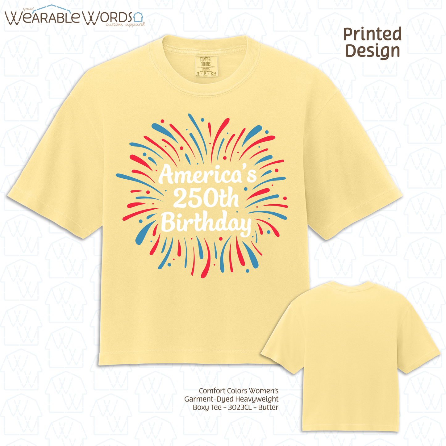 America's 250th Birthday Firework Graphic Tee | Red White & Blue Print | Women's Boxy T-Shirt