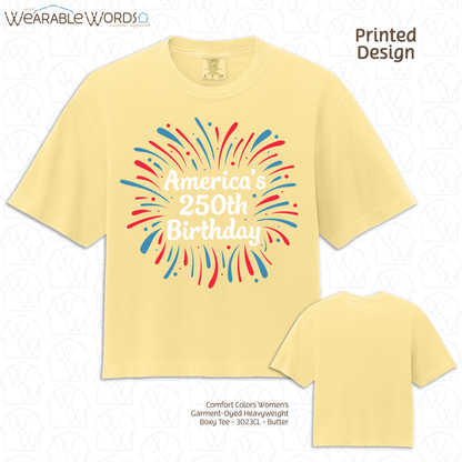 America's 250th Birthday Firework Graphic Tee | Red White & Blue Print | Women's Boxy T-Shirt