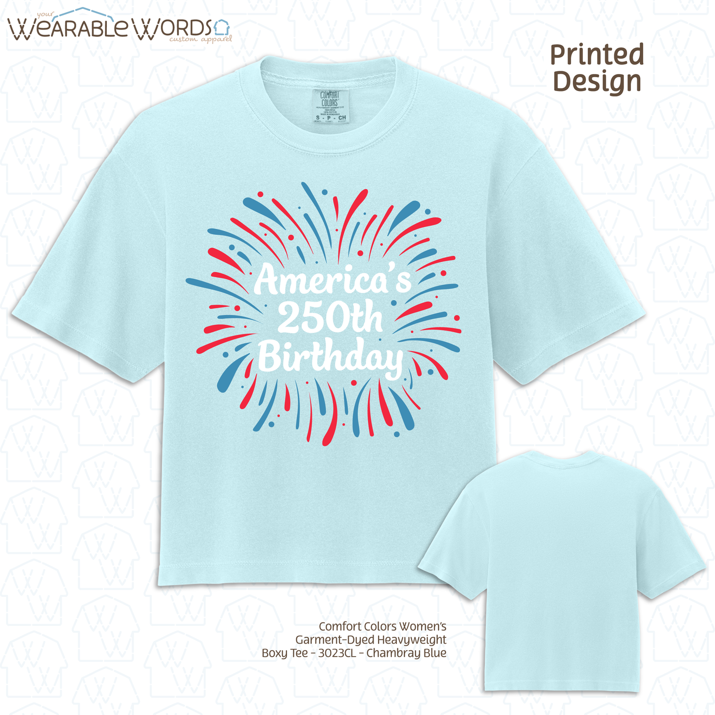 America's 250th Birthday Firework Graphic Tee | Red White & Blue Print | Women's Boxy T-Shirt
