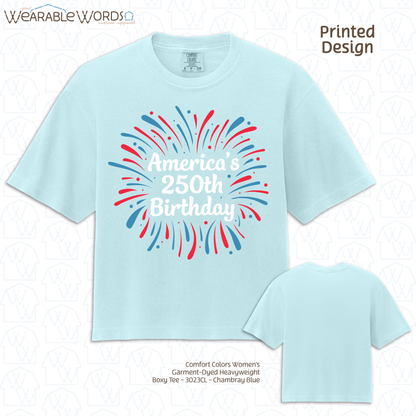 America's 250th Birthday Firework Graphic Tee | Red White & Blue Print | Women's Boxy T-Shirt