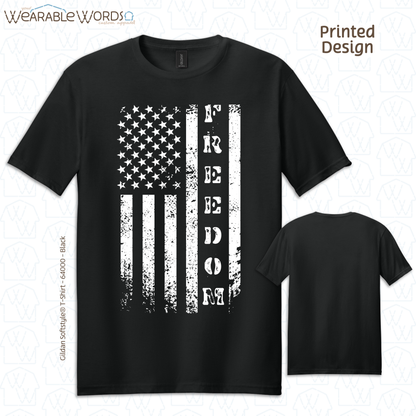 Freedom American Flag Graphic Tee | Distressed White Vertical Print | Unisex T-Shirt