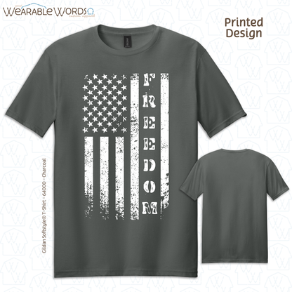 Freedom American Flag Graphic Tee | Distressed White Vertical Print | Unisex T-Shirt
