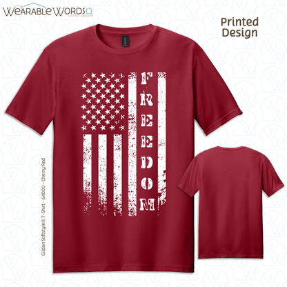 Freedom American Flag Graphic Tee | Distressed White Vertical Print | Unisex T-Shirt