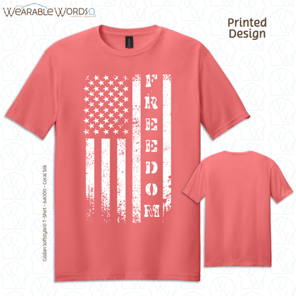Freedom American Flag Graphic Tee | Distressed White Vertical Print | Unisex T-Shirt