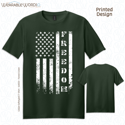 Freedom American Flag Graphic Tee | Distressed White Vertical Print | Unisex T-Shirt