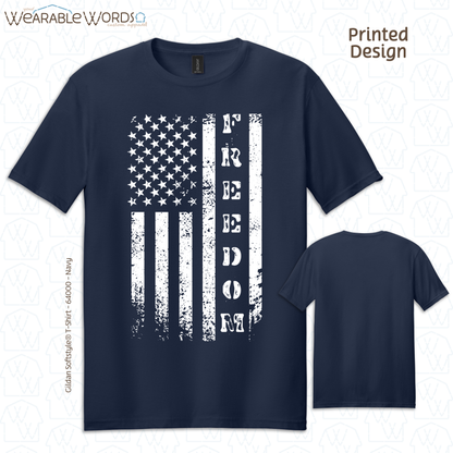 Freedom American Flag Graphic Tee | Distressed White Vertical Print | Unisex T-Shirt