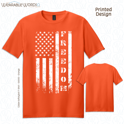 Freedom American Flag Graphic Tee | Distressed White Vertical Print | Unisex T-Shirt