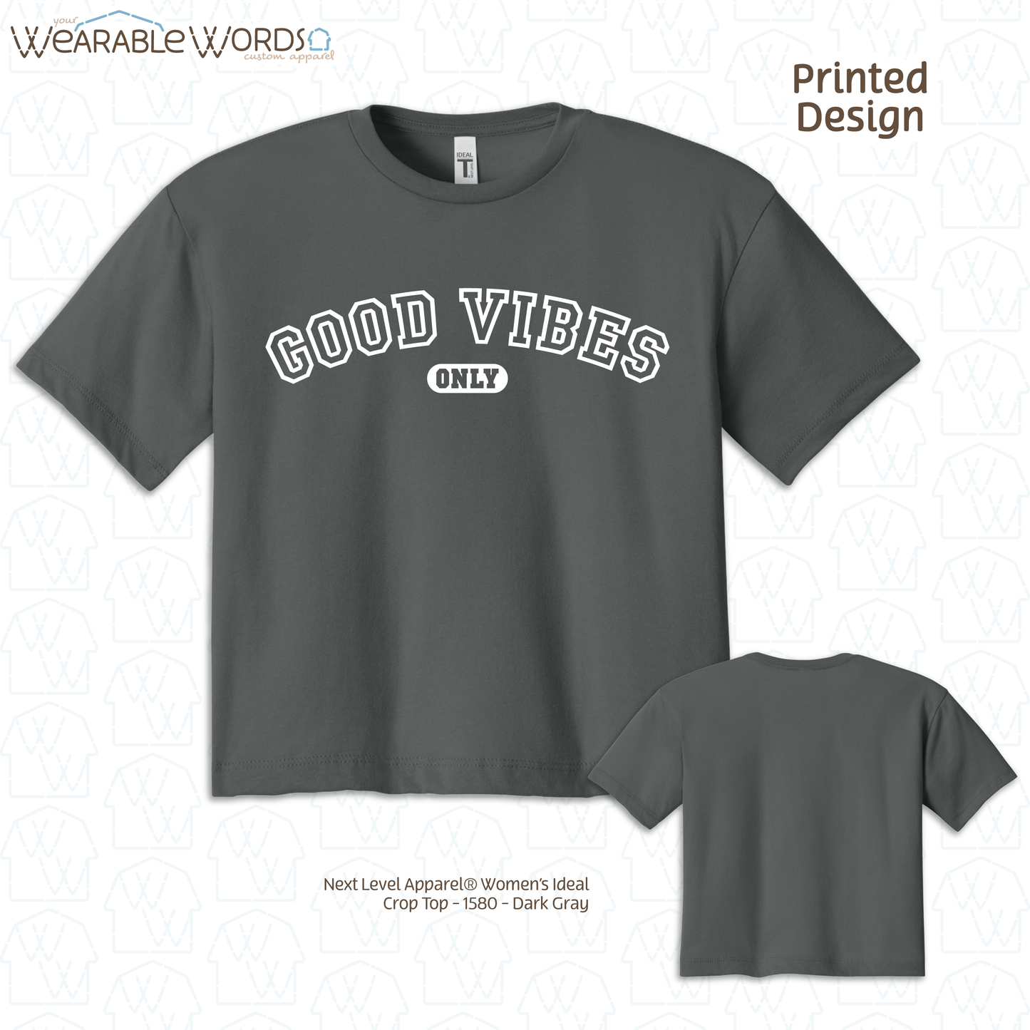 Good Vibes Only Crop Top | Varsity Style Print | Grey, Black, Blue, Pink, Tan, or Navy Women's Graphic Tee