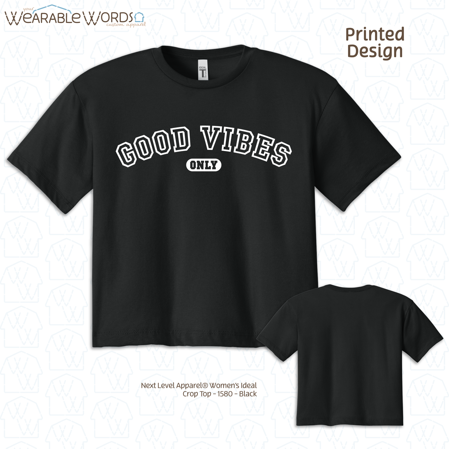 Good Vibes Only Crop Top | Varsity Style Print | Grey, Black, Blue, Pink, Tan, or Navy Women's Graphic Tee