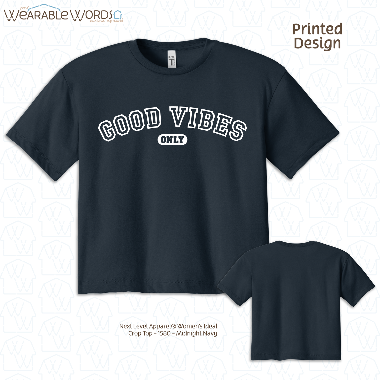 Good Vibes Only Crop Top | Varsity Style Print | Grey, Black, Blue, Pink, Tan, or Navy Women's Graphic Tee