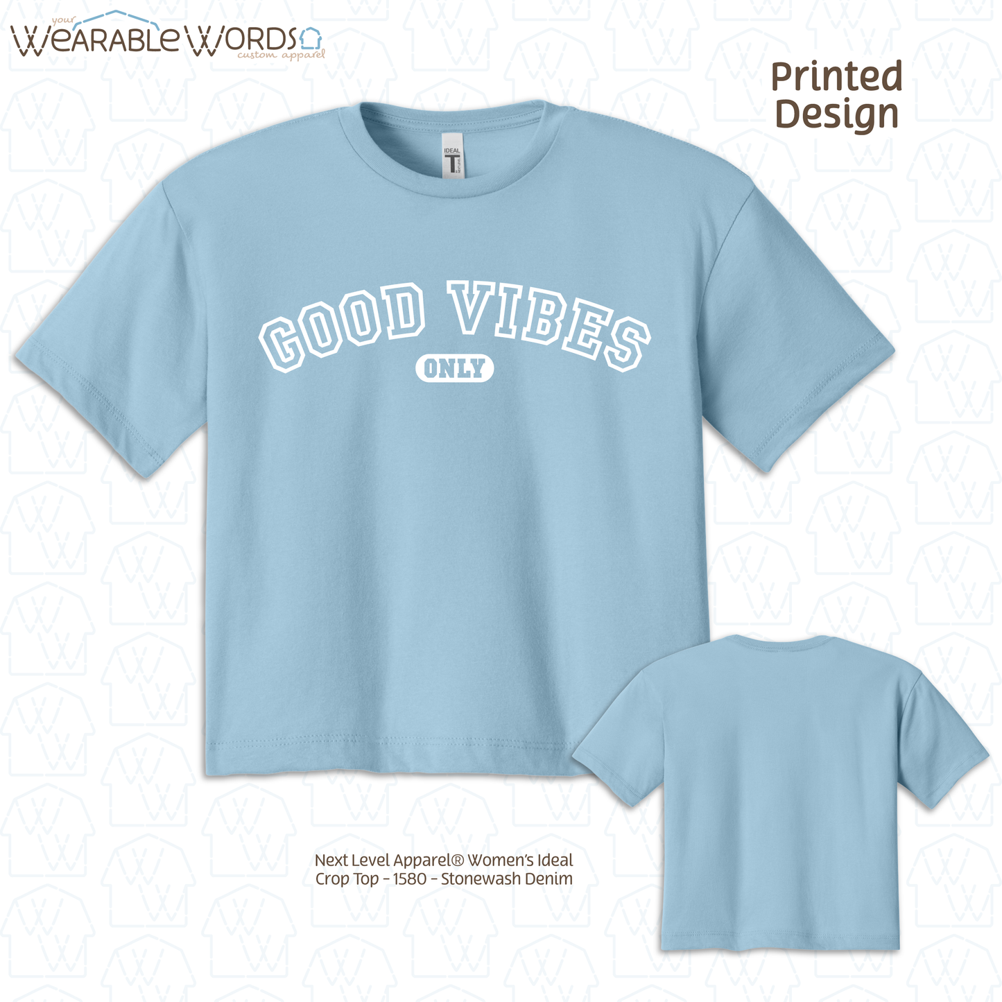 Good Vibes Only Crop Top | Varsity Style Print | Grey, Black, Blue, Pink, Tan, or Navy Women's Graphic Tee