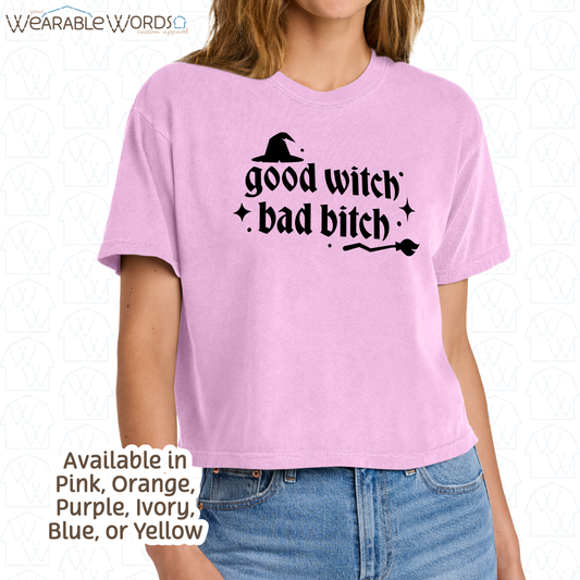 Good Witch Bad B*tch Graphic Tee | Spooky Sassy Witchy Baddie Gothic Sparkly Black Print | Women's Boxy Tee