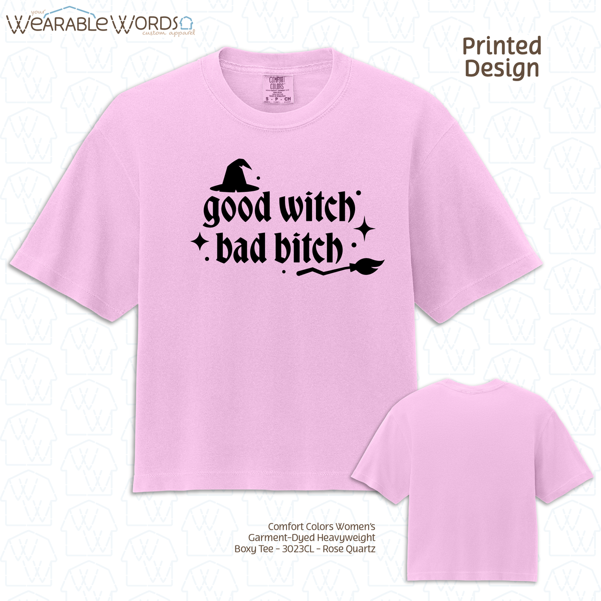 Good Witch Bad B*tch Graphic Tee | Spooky Sassy Witchy Baddie Gothic Sparkly Black Print | Women's Boxy Tee
