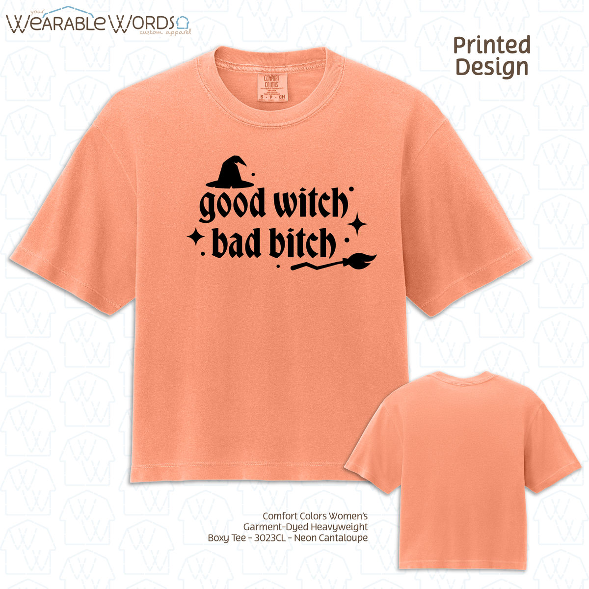 Good Witch Bad B*tch Graphic Tee | Spooky Sassy Witchy Baddie Gothic Sparkly Black Print | Women's Boxy Tee