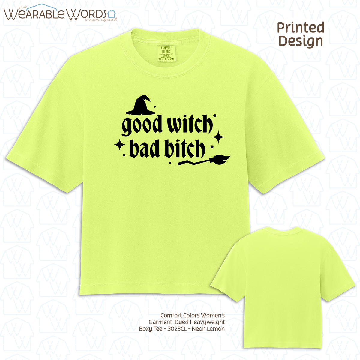 Good Witch Bad B*tch Graphic Tee | Spooky Sassy Witchy Baddie Gothic Sparkly Black Print | Women's Boxy Tee