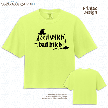Good Witch Bad B*tch Graphic Tee | Spooky Sassy Witchy Baddie Gothic Sparkly Black Print | Women's Boxy Tee