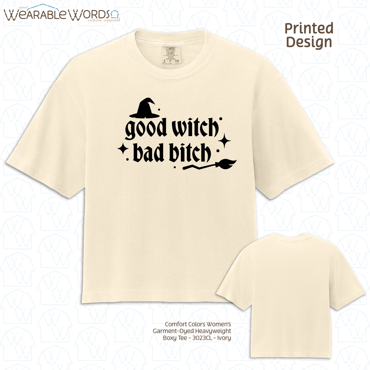 Good Witch Bad B*tch Graphic Tee | Spooky Sassy Witchy Baddie Gothic Sparkly Black Print | Women's Boxy Tee