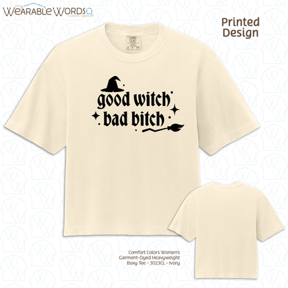 Good Witch Bad B*tch Graphic Tee | Spooky Sassy Witchy Baddie Gothic Sparkly Black Print | Women's Boxy Tee