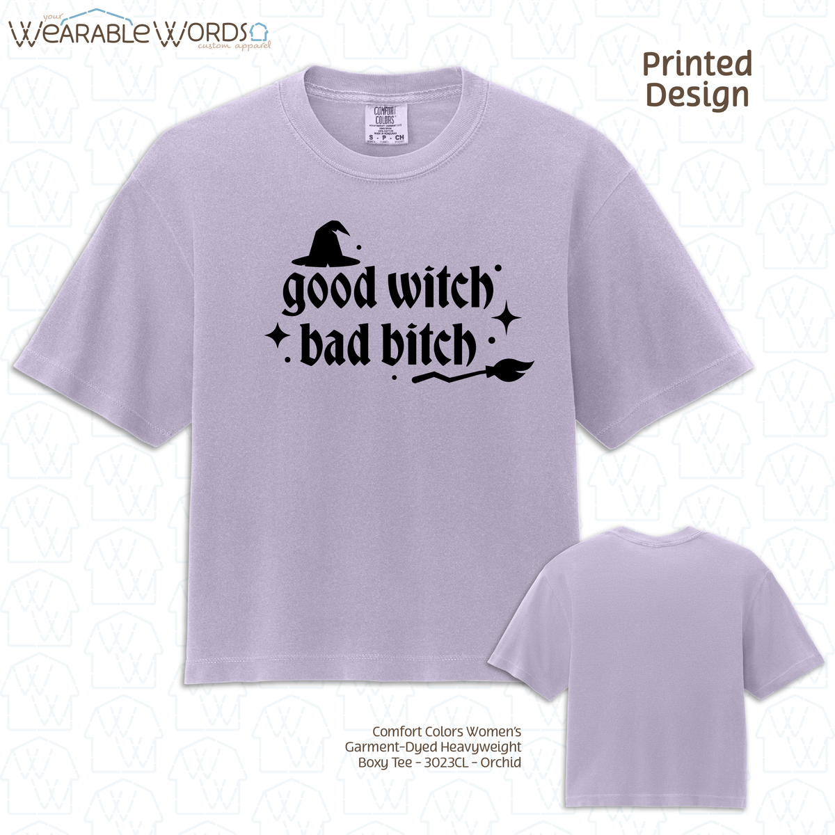 Good Witch Bad B*tch Graphic Tee | Spooky Sassy Witchy Baddie Gothic Sparkly Black Print | Women's Boxy Tee