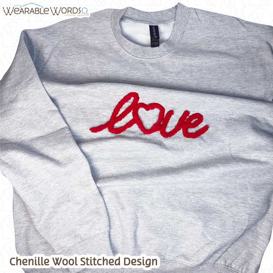 LOVE Crewneck | Red Chenille Wool Embroidered Design | Grey Sweatshirt | Valentine's Day