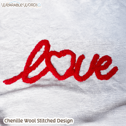 LOVE Crewneck | Red Chenille Wool Embroidered Design | Grey Sweatshirt | Valentine's Day