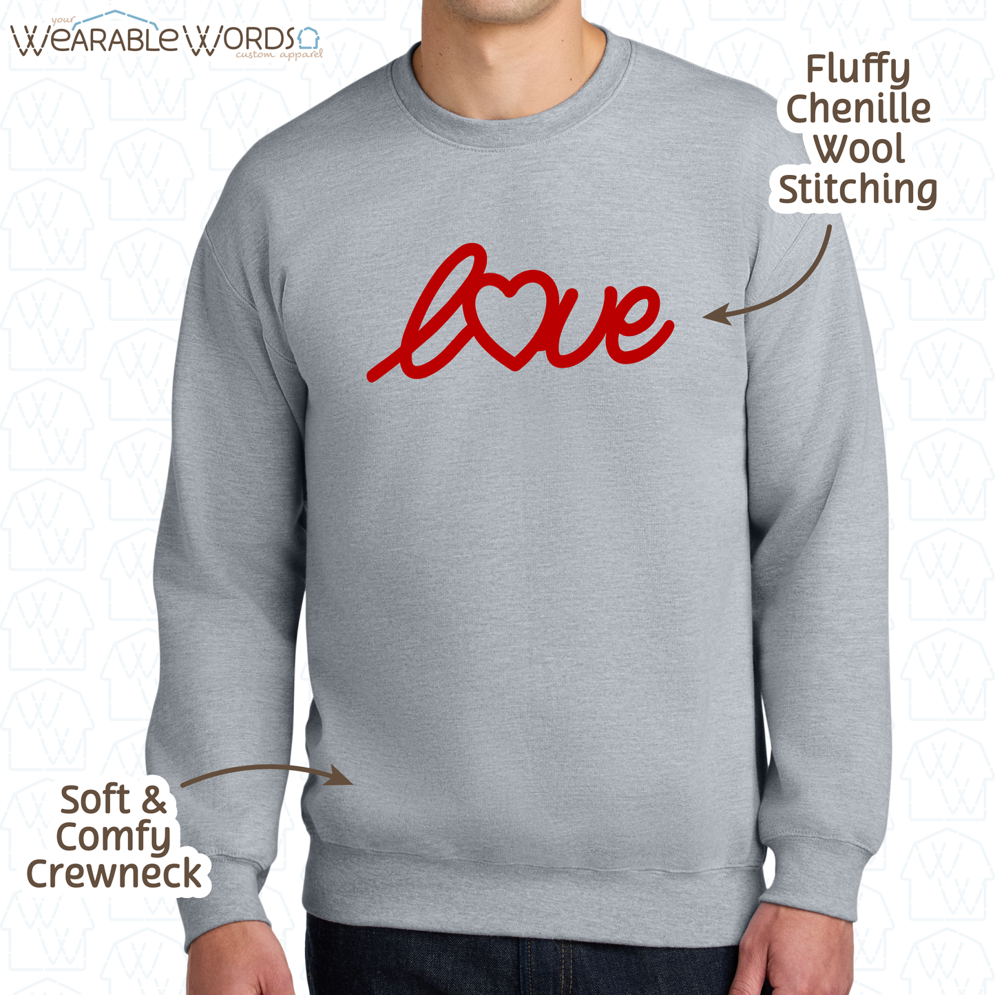 LOVE Crewneck | Red Chenille Wool Embroidered Design | Grey Sweatshirt | Valentine's Day