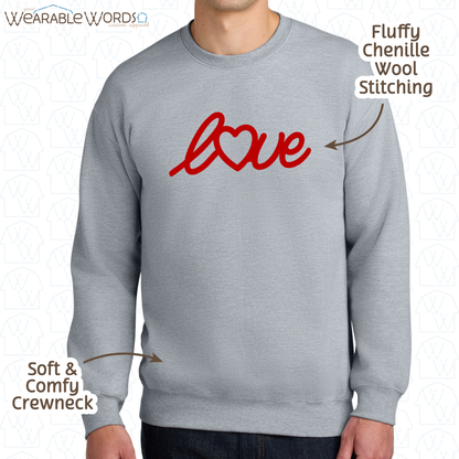LOVE Crewneck | Red Chenille Wool Embroidered Design | Grey Sweatshirt | Valentine's Day