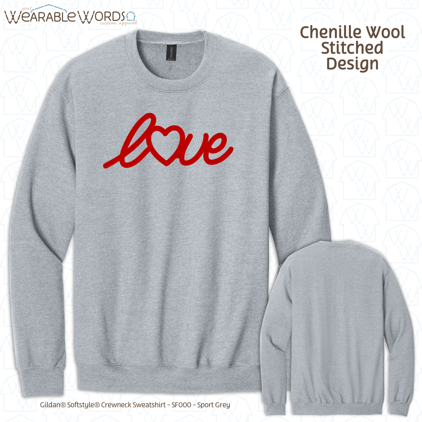 LOVE Crewneck | Red Chenille Wool Embroidered Design | Grey Sweatshirt | Valentine's Day
