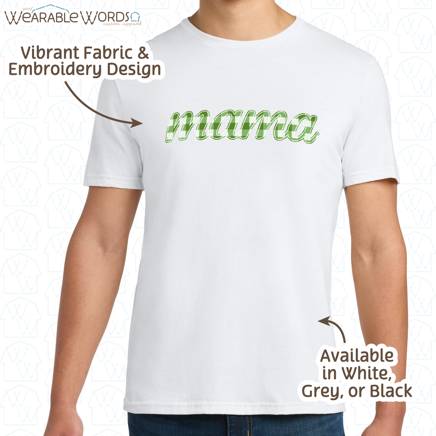 Green Plaid Mama Embroidered Tee | White, Grey, or Black T-Shirt