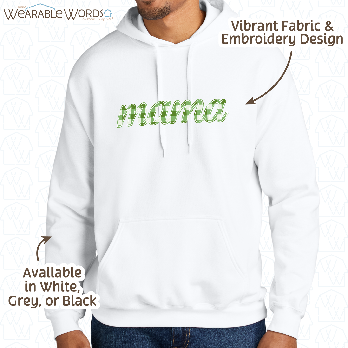 Green Plaid Mama Embroidered Hoodie | White, Grey, or Black Sweatshirt